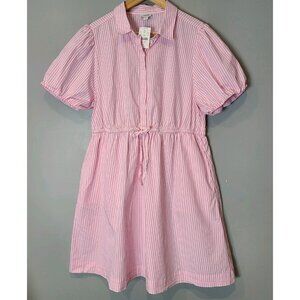 J.CREW Collared Tie-Waist Mini Dress Pink Seer Sucker Puff Sleeve Resort Sz 14